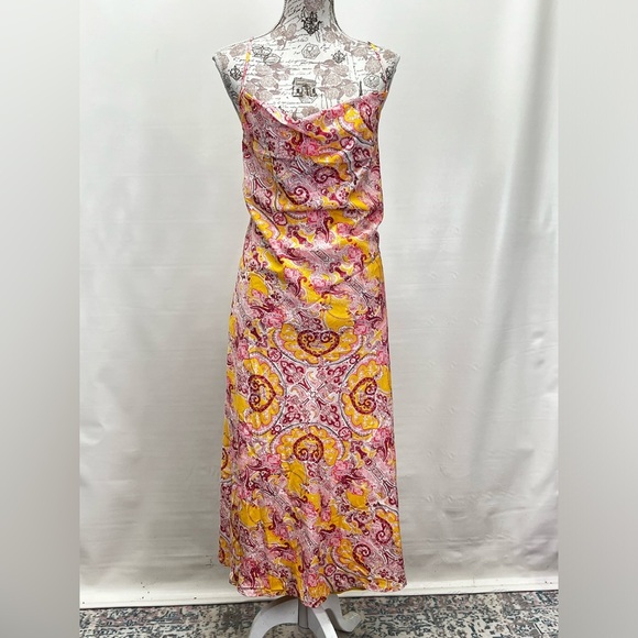 LUCY PARIS Pink and yellow paisley drape‎ neck slip dress size XL. - Picture 1 of 12